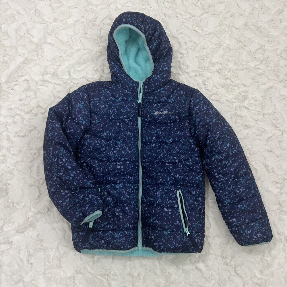 Eddie Bauer Girls Reversible Hooded Jacket Size M 10/12 Faux Fur Lined Coat Teal